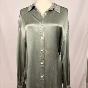 Sleek Satin Button-Up Blouse - Olive Green